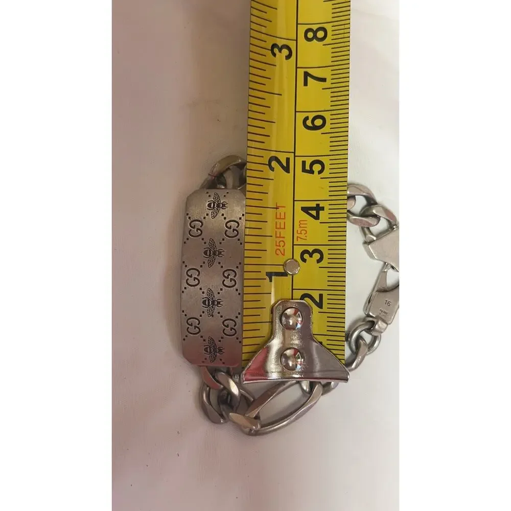 Gucci Sterling Silver 925 GG Bee Engraved Chain ID Bracelet Size 16 Italy